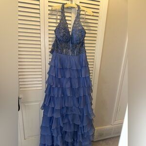 Sherri Hill Blue Satin and Lace Dress